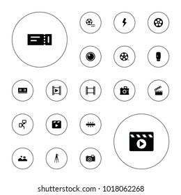 Editable vector film icons: ticket, movie tape, camera tape, camera, movie clapper, flash, picture on white background.