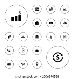 Editable vector finance icons: creadit card payment, graph on display, credit card, wallet, money exchange, chart, camera case, court building, coin on white background.