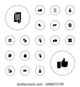 Editable vector finger icons: nail, gloves, pointing, pointing on document, like, middle finger, hands, thumb up, touchscreen, finger print, baby hands on white background.