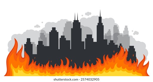 Editable Vector Fire Border with Modern City Silhouette. Flat Design Horizontal Flame Line