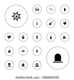 Editable vector fire icons: siren, bonfire, water hose, heart in fire, bomb, candle, smoke, torch, explosion, dynamite, tank on white background.