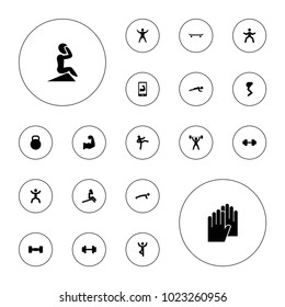 Editable vector fit icons: skating, man doing exercises, barbell, squat, kettle, muscular arm  on phone, muscular arm, power lifter, barbell   isolated on white background.