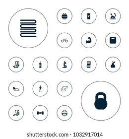 Editable vector fitness icons: exercise bike, floor scales, fit ball, protein powder, fitness carpet, gym equipment, barbell, muscular arm, towels on white background.
