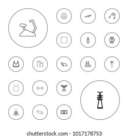 Editable vector fitness icons: foot carpet, sport bra, skipping rope, boxing bag, carpet, heart rate watch, swimming ladder, push up, power lifter on white background.