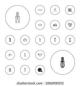 Editable vector fix icons: measure tape, pin, children panties, nail, wrench, pliers, bandage, toolbox on white background.
