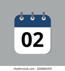 Editable vector flat calendar icon with blue and gray colors, calendar icon marking day 02.