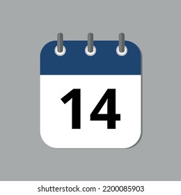 Editable vector flat calendar icon with blue and gray colors, calendar icon marking day 14.