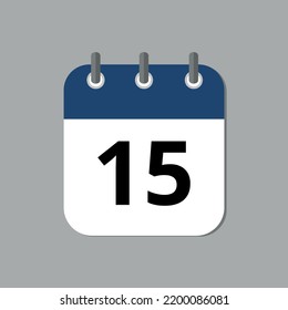 Editable vector flat calendar icon with blue and gray colors, calendar icon marking day 15.
