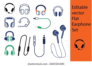 Editable Vector Flat Earphone and Headphone Icon Set Illustration