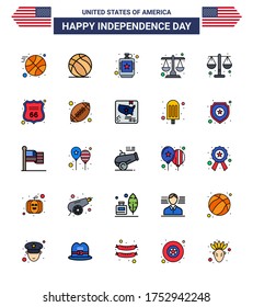 Editable Vector Flat Filled Line Pack of USA Day 25 Simple Flat Filled Lines of shield; scale; drink; law; court Editable USA Day Vector Design Elements