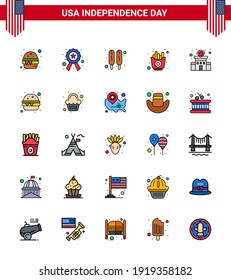 Editable Vector Flat Filled Line Pack of USA Day 25 Simple Flat Filled Lines of station; building; corn dog; chips; food Editable USA Day Vector Design Elements