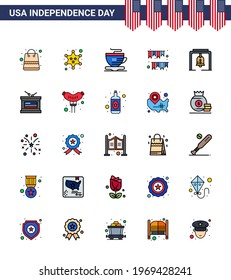 Editable Vector Flat Filled Line Pack of USA Day 25 Simple Flat Filled Lines of bell; party; tea; decoration; garland Editable USA Day Vector Design Elements