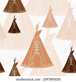 Editable Vector of Flat Monochrome Front View Native American Tents Illustration in Various Colors as Seamless Pattern for Creating Background of Traditional Culture and History Related Design