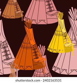 Editable Vector of Flat Monochrome Oblique View Native American Tent Illustration in Various Colors as Seamless Pattern With Dark Background for Traditional Culture and History Related Design