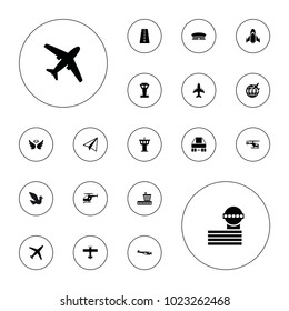 Editable vector flight icons: airport tower, runway, helicopter, airport, paper airplane, wings, plane, medical helicopter, bird, hang glider on white background.