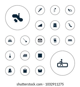 Editable vector floor icons: escalator down, broom, vacuum cleaner, wet floor, carpet, move on map, stairs, escalator, salon hair dryer, clean brush on white background.