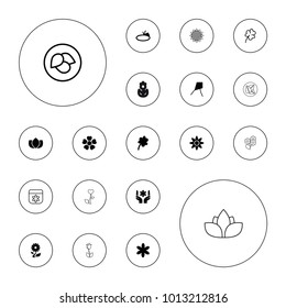 Editable vector floral icons: lotus, flower, clover, dandelion, pond, leaf, sunflower, tulip, bouquet on white background.