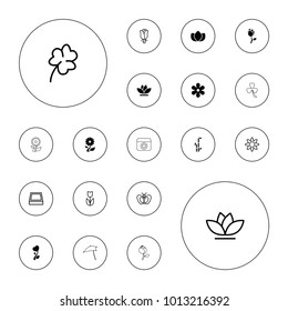 Editable vector floral icons: lotus, bamboo, flower, rose, heart flower, butterfly, clover, square plant pot on white background.