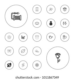 Editable vector flower icons: flower, honey, lotus, leaf, rose, watering can, water hose, pot for plants, plant, beehouse, hand with seeds, pond on white background.