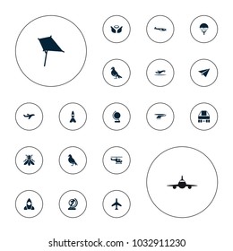 Editable vector fly icons: plane, helicopter, dove, kite, parachute, paper plane, fly, rocket, globe, wings on white background.
