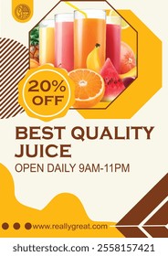 Editable vector flyer template for juice promotions with a modern design, perfect for cafes, restaurants, and juice bars.