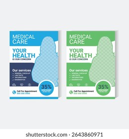 Editable vector flyer template suitable for medical clinics, healthcare facilities, and hospitals. Promotes services like general check-ups, lab tests, and diagnostics. Includes discount badge.