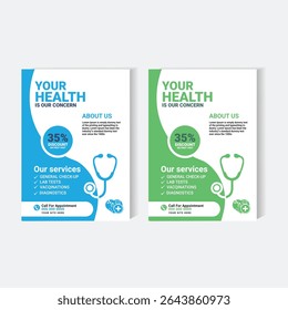 Editable vector flyer template suitable for medical clinics, healthcare facilities, and hospitals. Promotes services like general check-ups, lab tests, and diagnostics. Includes discount badge.
