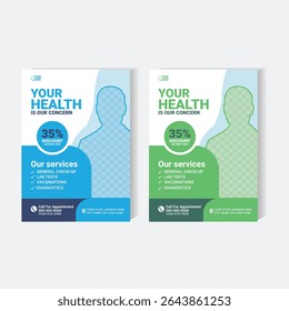 Editable vector flyer template suitable for medical clinics, healthcare facilities, and hospitals. Promotes services like general check-ups, lab tests, and diagnostics. Includes discount badge.