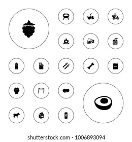 Editable vector food icons: mulberry, chili, barbecue, table with plates and pan, burger with pepper, burrito, take away food, bone, menu, avocado, kebab on white background.