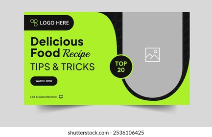 Editable vector food recipe techniques video thumbnail banner design, delicious food recipe tips and tricks video thumbnail banner design, fully editable vector eps 10 file format