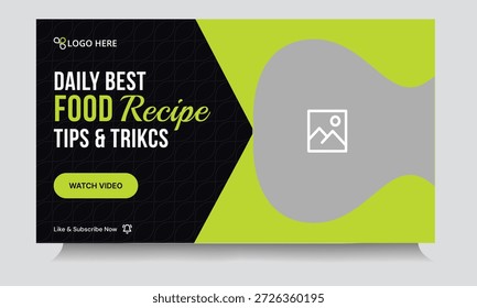 Vetor editável receita de alimentos técnicas design de banner de capa de vídeo, dicas de revisão diária de alimentos e truques vídeo miniatura design de banner, formato de arquivo eps 10 vetorial personalizável