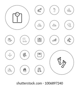 Editable vector foot icons: animal paw, floor scales, socks, shoe, woman boots, floor scale, woman shoe, football player, foot, footprint of  icobird on white background.