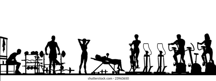 Editable Vector Foreground Of A Gym Scene In Silhouette With All Elements As Separate Objects