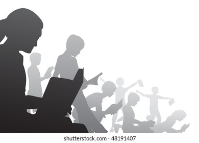 Editable vector foreground illustration of children reading books