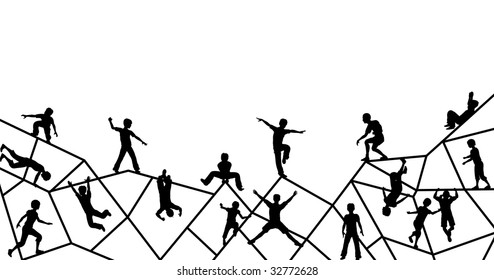 Editable Vector Foreground Silhouette Of Kids Playing On An Abstract Climbing Frame With All Elements As Separate Objects