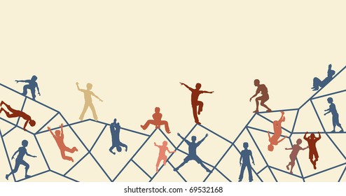 Editable Vector Foreground Silhouette Of Kids Playing On An Abstract Climbing Frame