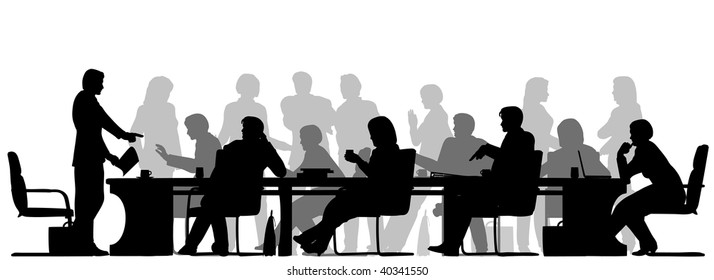 Editable Vector Foreground Silhouette Of People In A Meeting With All Figures And Other Elements As Separate Objects