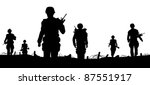 Editable vector foreground of silhouettes of walking soldiers on patrol with figures as separate elements