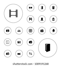 Editable vector frame icons: window, door, clean window, movie tape, camera, cargo barn, photo album, crop, gate, picture on white background.