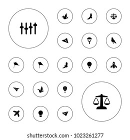 Editable vector freedom icons: dove, eagle, kite, scales, air balloon, paper plane, hang glider, love bird, equalizer on white background.