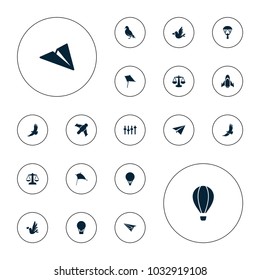Editable vector freedom icons: dove, eagle, kite, scales, air balloon, paper plane, hang glider, love bird, equalizer on white background.