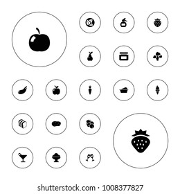 Editable vector fresh icons: currant, strawberry, cocktail, laundry, ice cream, bread slices, pear, clink glasses, apple, leaf, potato, eggplant on white background.