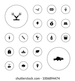 Editable vector fresh icons: field, milk can, cherry, grape, leaf, ice cream, kebab, lemon, apple download, open air, drink, watering system, cocktail on white background.