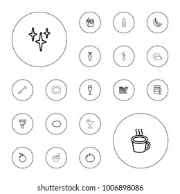 Editable vector fresh icons: field, apple, baby food, lemon, clean, french fries, carrot, cup, wine glass, watering system, banana, onion, porridge on white background.