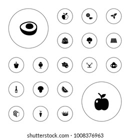Editable vector fresh icons: field, mushroom, baby bottle, dish, chicken leg, bread slices, milkshake, pie, leaf, avocado, apple, watermelon on white background.