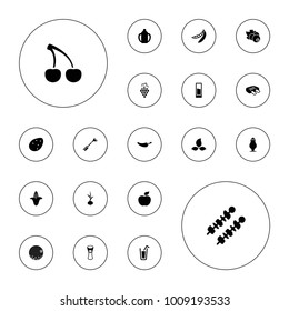 Editable vector fresh icons: potato, grape, corn, pepper, milk glass, milkshake, peas, drink, kebab, meat, currant, onion, orange, baby bottle, cherry on white background.