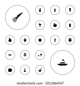 Editable vector fresh icons: strawberry, onion, apple, bottle, pepper, soda, drink, plant, ice cream, extinct sea creature, porridge, cocktail, soap on white background.