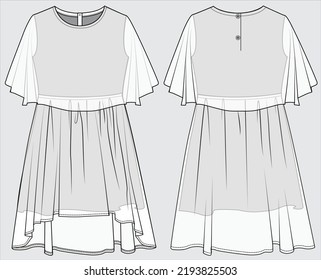 EDITABLE VECTOR FRONT AND BACK SKETCH OF TEEN GILRS AND KID GIRLS FASHION LAYERED DRESS IN CHIFFON