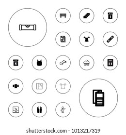 Editable vector front icons: news, washing machine on sale, bench, newspaper, door, garden bench, level ruler, businessman, cargo plane back view, laptop on white background.