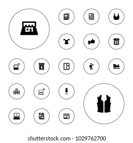 Editable vector front icons: window, sport bra, newspaper, laptop, thumb up, shop, mannequin, blouse, sleeveless shirt, businessman on white background.